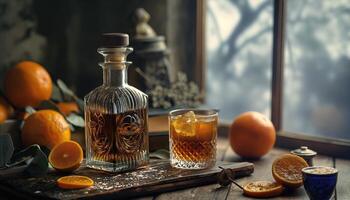 ai generato mandarino Brandy con ghiaccio nel un' bicchiere su un' di legno tavolo foto