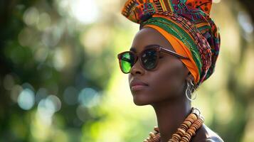 ai generato ritratto di bellissimo africano donna indossare foulard e occhiali da sole. nero storia mese concetto. foto