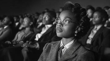 ai generato nero e bianca ritratto di un' bellissimo africano americano donna nel occhiali a il conferenza sala. nero storia mese concetto. foto