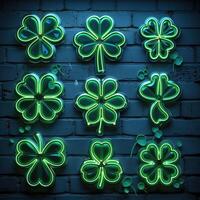 ai generato st. Patrick giorno neon segni su un' mattone sfondo. vettore illustrazione. foto