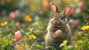 ai generato Pasqua coniglietto con Pasqua uova nel il prato con fiori foto