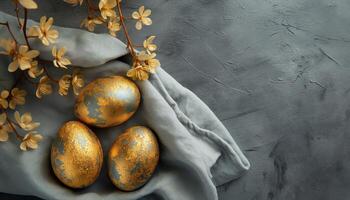 ai generato d'oro Pasqua uova su blu seta sfondo. contento Pasqua concetto. foto