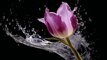 ai generato un' rosa tulipano è spruzzi acqua nel il aria foto