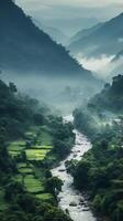 ai generato il montagne siamo coperto nel verde vegetazione e nebbia foto