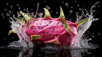 ai generato un' Drago frutta è spruzzi acqua foto