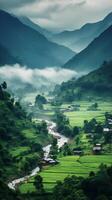 ai generato il montagne siamo coperto nel verde vegetazione e nebbia foto