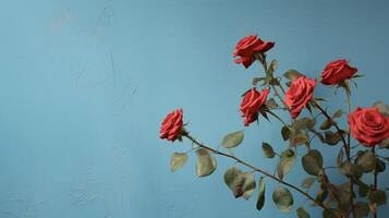 ai generato rosso Rose contro un' blu parete foto