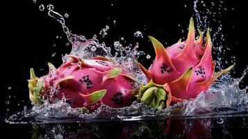 ai generato un' Drago frutta è spruzzi acqua foto