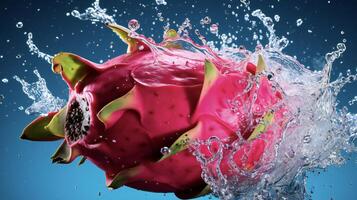 ai generato un' Drago frutta è spruzzi acqua foto