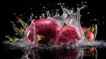 ai generato un' Drago frutta è spruzzi acqua foto