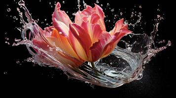 ai generato un' rosa tulipano è spruzzi acqua nel il aria foto