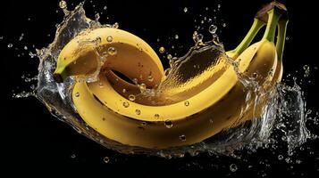 ai generato banane siamo essere schizzato con acqua su un' nero sfondo foto