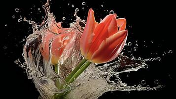 ai generato un' rosa tulipano è spruzzi acqua nel il aria foto