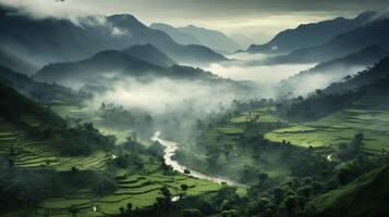 ai generato il montagne siamo coperto nel verde vegetazione e nebbia foto