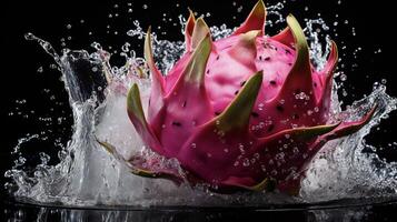 ai generato un' Drago frutta è spruzzi acqua foto