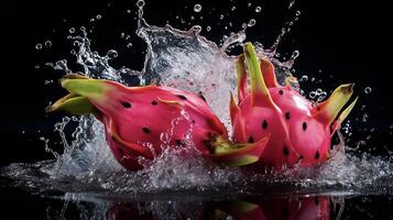 ai generato un' Drago frutta è spruzzi acqua foto