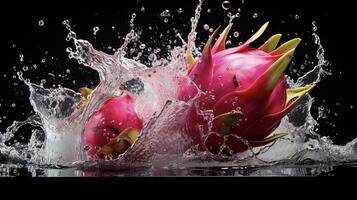 ai generato un' Drago frutta è spruzzi acqua foto