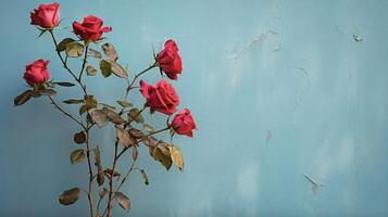 ai generato rosso Rose contro un' blu parete foto