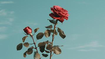 ai generato rosso Rose contro un' blu parete foto