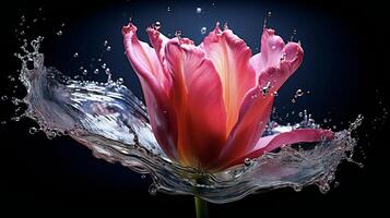 ai generato un' rosa tulipano è spruzzi acqua nel il aria foto