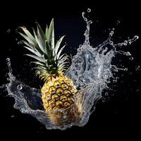ai generato un' ananas è spruzzi acqua su un' nero sfondo foto