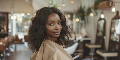 ai generato africano americano modello donna con dritto ondulato capelli nel un' moderno salone interno foto