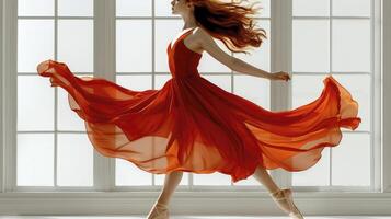 ai generato giovane grazioso donna balletto ballerino, vestito nel professionale attrezzatura e rosso senza peso gonna, dimostrando danza abilità con equilibrio e precisione foto
