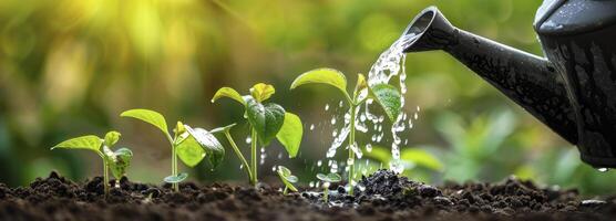 ai generato irrigazione un' giovane pianta con un' irrigazione può nel suolo contro un' fondale di lussureggiante verde natura. foto