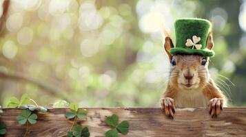 ai generato carino contento scoiattolo indossare un' fortunato verde cappello e Tenere un' striscione. st Patrick giorno concetto foto