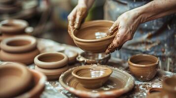 ai generato esplorando il abilità artistica di un' ceramica fatto a mano laboratorio foto