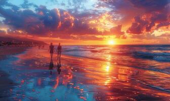 ai generato coppia a piedi su il spiaggia a tramonto foto