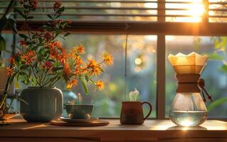 ai generato caffè e fiori su il tavolo nel il mattina. foto