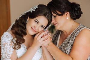 un' bellissimo e contento madre e sua figlia, il sposa, siamo in piedi Il prossimo per ogni Altro. il migliore giorno per genitori. tenero momenti a il nozze. foto