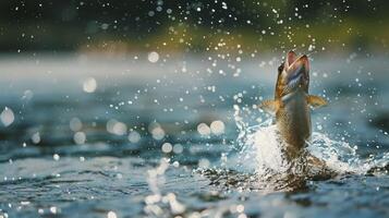 ai generato trota salto su a partire dal il acqua. pesca concetto foto