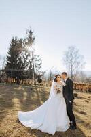 un' giovane sposa e sposo teneramente abbraccio nel il raggi di il autunno sole. tenero e bellissimo giovane ragazza sposa. un' uomo baci il suo Amati. contro il sfondo di un' bellissimo giardino foto