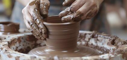 ai generato descrivere il intricato processi di la creazione di un' fatto a mano pezzo di ceramica. foto