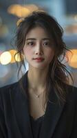 ai generato urbano eleganza, Cinese giovane donna radiante bellezza in mezzo il vivace paesaggio urbano foto