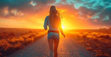 ai generato in esecuzione ragazza a tramonto, gli sport jogging, salutare stile di vita - ai generato Immagine foto