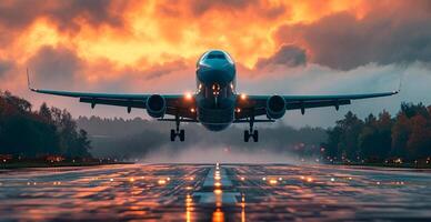 ai generato un' commerciale civile aereo terre su il pista di decollo a il aeroporto. viaggio e trasporto concetto - ai generato Immagine foto