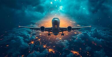 ai generato un' commerciale civile aereo mosche sopra il nuvole nel il luminosa sole. viaggio e trasporto concetto - ai generato Immagine foto