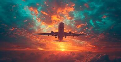ai generato un' commerciale civile aereo mosche sopra il nuvole nel il luminosa sole. viaggio e trasporto concetto - ai generato Immagine foto