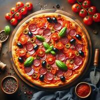 ai generato Là è un' Pizza su superiore di il tavolo, quale è pieno con pomodori, salame, e olive foto