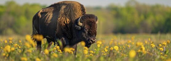 ai generato macro Visualizza di bisonte in esecuzione nel il primavera fiori campo. foto