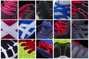 collage di elementi di scarpe da ginnastica. molte di atletico scarpa parti. diverso struttura di il superiore a partire dal il scarpa da ginnastica. foto