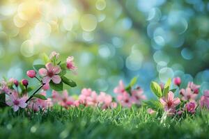 ai generato lussureggiante floreale scene in mostra un' varietà di fiori nel morbido, radiante leggero con un' bokeh sfondo foto