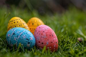 ai generato colorato Pasqua uova decorato con modelli riposo su vivace primavera erba in mezzo fiori selvatici, bagnata nel luce del sole foto