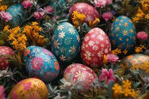 ai generato colorato Pasqua uova decorato con modelli riposo su vivace primavera erba in mezzo fiori selvatici, bagnata nel luce del sole foto