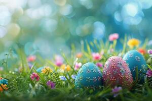 ai generato colorato Pasqua uova decorato con modelli riposo su vivace primavera erba in mezzo fiori selvatici, bagnata nel luce del sole foto