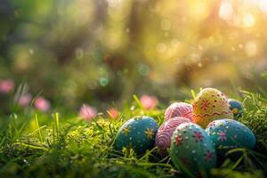 ai generato colorato Pasqua uova decorato con modelli riposo su vivace primavera erba in mezzo fiori selvatici, bagnata nel luce del sole foto