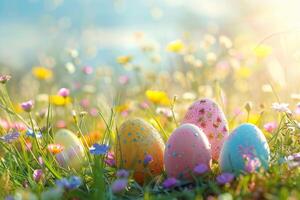 ai generato colorato Pasqua uova decorato con modelli riposo su vivace primavera erba in mezzo fiori selvatici, bagnata nel luce del sole foto